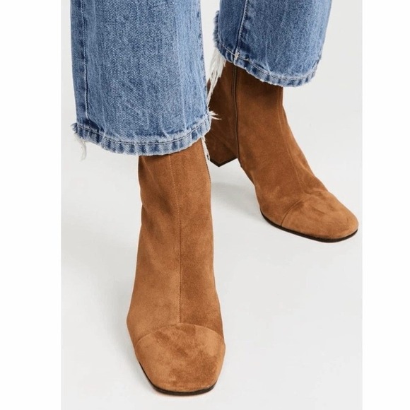 STAUD Shoes - Staud Aimee Short Boot Tan Suede Square Cap Toe Block Heel Women Sz 39.5 / 9.5